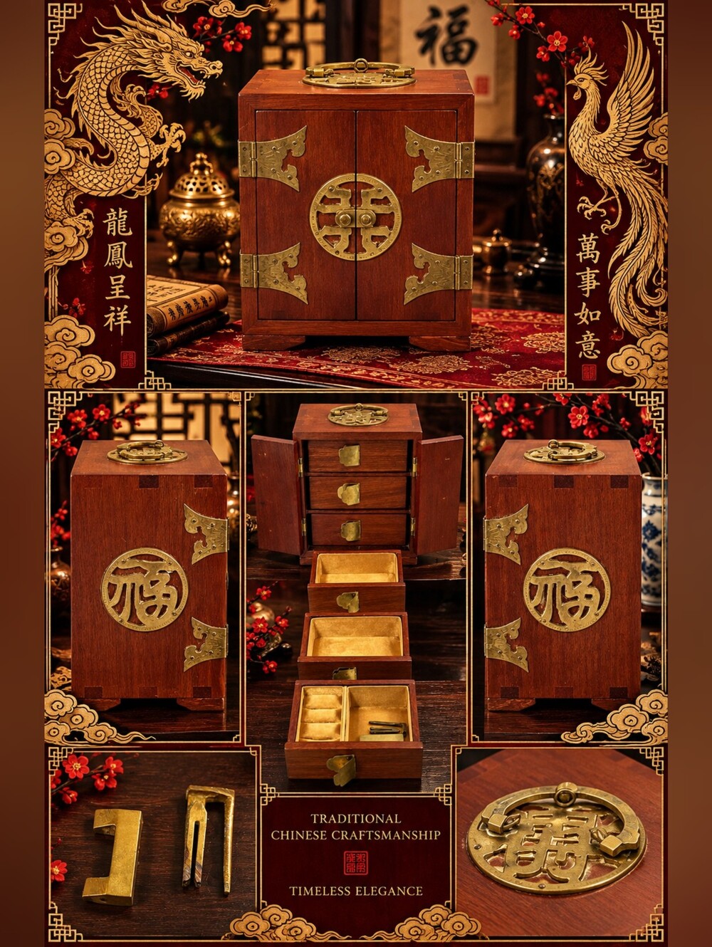 1950s ORIGINALChinese wood & brass-accented jewelry box or Tabletop Dresser - Picture 3 of 11